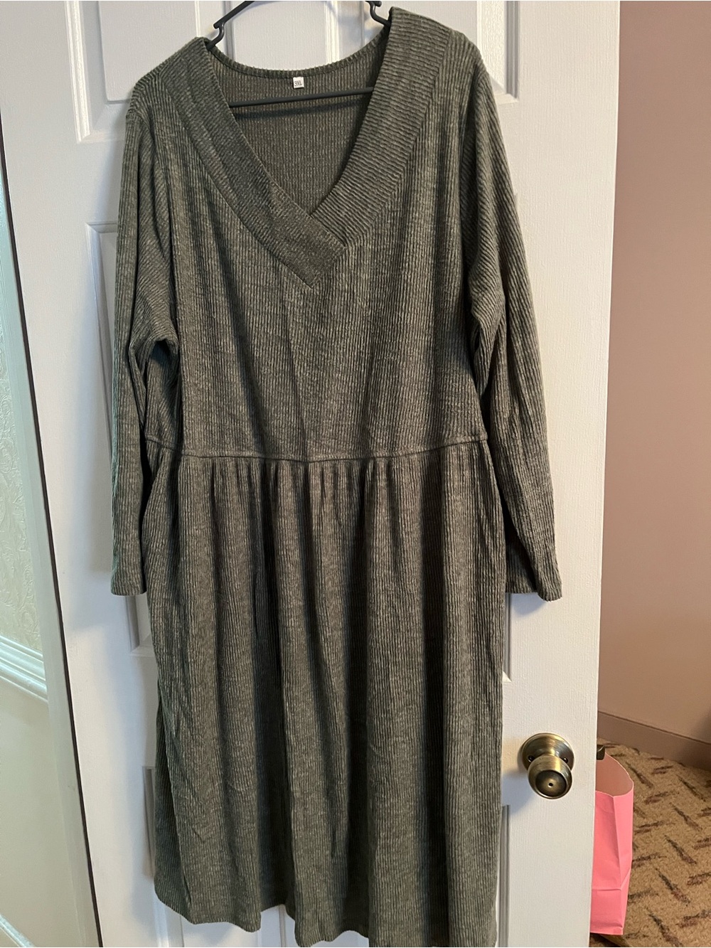 V-Neck Ribbed Long Sleeve Midi Dress in Olive with pockets